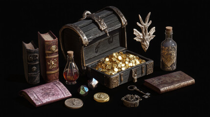 Magic game assets set isolated on black background. Vector cartoon illustration of treasure chest, key, spell book, toxic potion in glass tube, silver coin with gemstone, heart shape lock, ui design