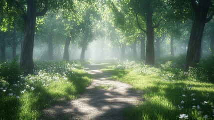 Obraz premium Serene sunlit forest path with lush greenery and blooming flowers