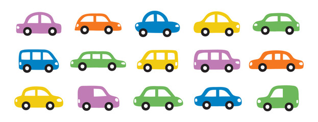 Obraz premium colorful cars set. Cute icons collection hand drawn doodle style for design of children kids room, clothes, fabric