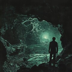 Fototapeta premium Into the Unknown: A Solitary Figure Explores a Mysterious Cave
