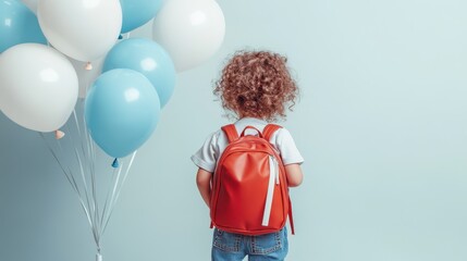 Young child with red backpack and balloons against light blue background