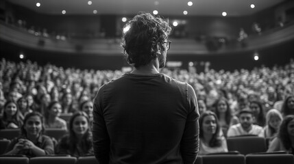 Speaker engages large audience in darkened auditorium during important event. Generative AI