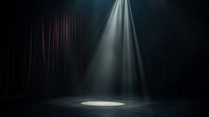 Spotlight shines on a stage with dark curtains and dramatic lighting effects. Generative AI