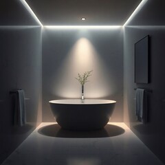 High-quality photograph of a modern bathroom with high-contrast low-key lighting, creating an ethereal and spiritual vibe. Light aura, deep shadows, and a mystical feeling