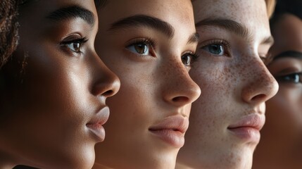 Diverse young women of different ethnicities with freckles in profile view