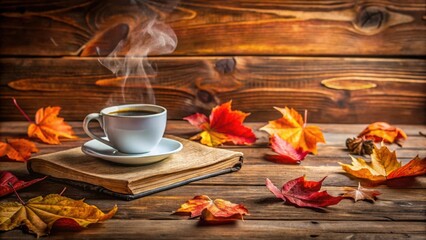 A steaming cup of coffee resting on a worn book surrounded by autumn leaves on a rustic wooden surface.