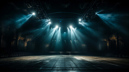Spotlight shines on a stage with dark curtains and dramatic lighting effects. Generative AI