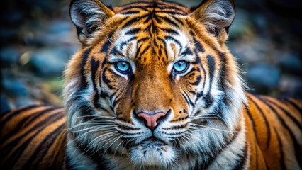 A close-up portrait of a tiger with piercing blue eyes, showcasing its majestic and captivating presence
