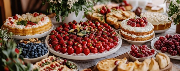 Variety of delicious fruit desserts on display at a festive buffet