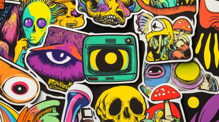 Obraz premium Acid stickers with aliens, mushrooms and tv. Psychedelic, rave design of 60s and 70s. Vector cartoon set of weird and crazy hippie icons eyes, martian head, mouth and drugs