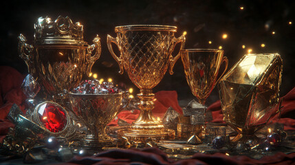 Winner trophy, gold cups with pile of gems and money. Award for victory, first place in game. Golden goblets with diamonds, rubies, coins and bills, vector cartoon set