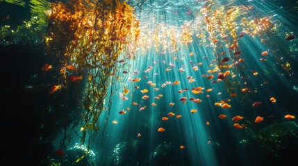 Fototapeta premium A breathtaking underwater forest of glowing kelp, with schools of neon-colored fish darting between the illuminated plants.