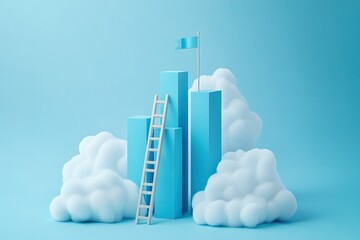Blue Bar Graph with Ladder and Flag on Top - 3D Isometric Illustration
