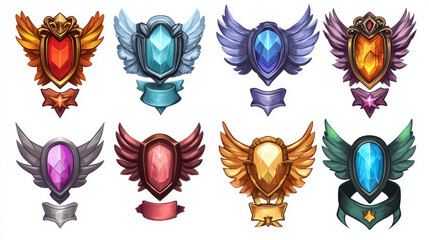 Fototapeta premium Game level rank badges or rate trophy. Cartoon vector set of gold, silver, blue, green and bronze award badges with banners, stars and wings. Isolated ui icons, bonus, reward, achievement and prize
