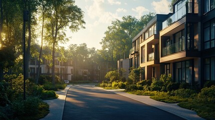 Fototapeta premium Modern residential street with green trees and clear sky with white clouds