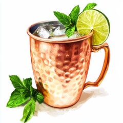 A classic Moscow Mule in a copper mug with lime slice and mint leaves, showcased against an isolated white background, impressionism art style