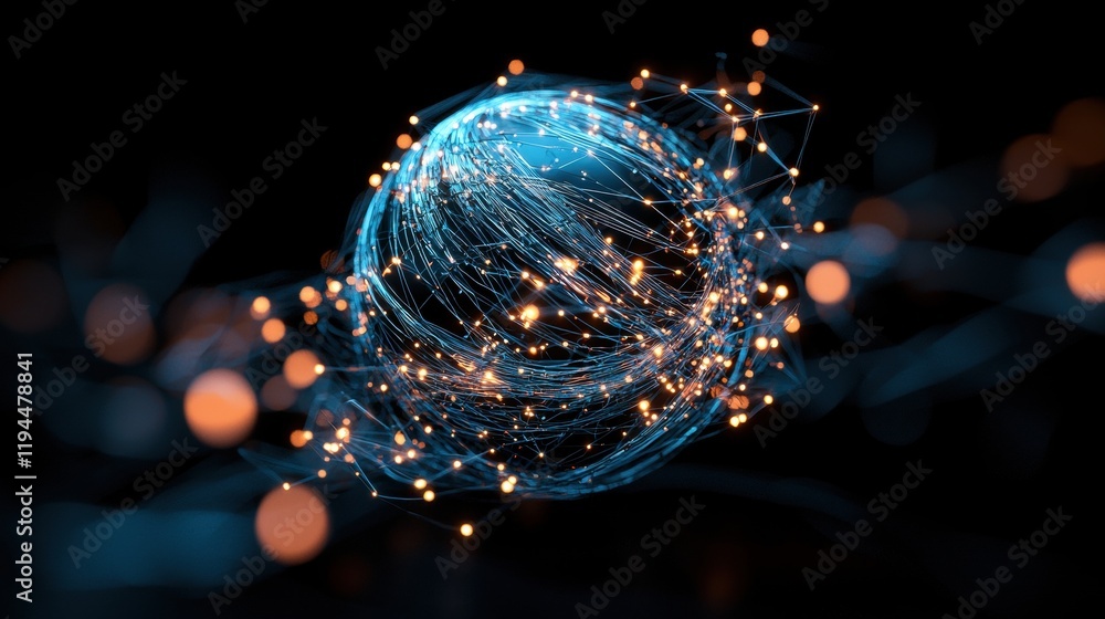 Poster countless interconnected nodes forming a dynamic, three dimensional sphere, with data streams flowin