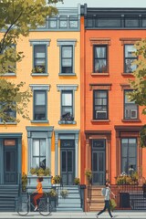 Fototapeta premium Sunny Day on a Charming City Street: A Vibrant Illustration of Two Colorful Townhouses and People Enjoying the Urban Landscape