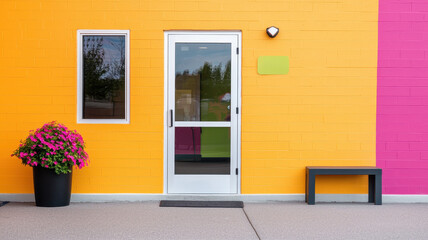 Bright exterior of pet friendly clinic with colorful walls and flowers, World spay day concept