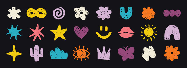 Abstract doodle colorful shapes. Chalk cute various modern kids hand drawn elements set. hearts, clouds, stars, flowers, eye, star stickers