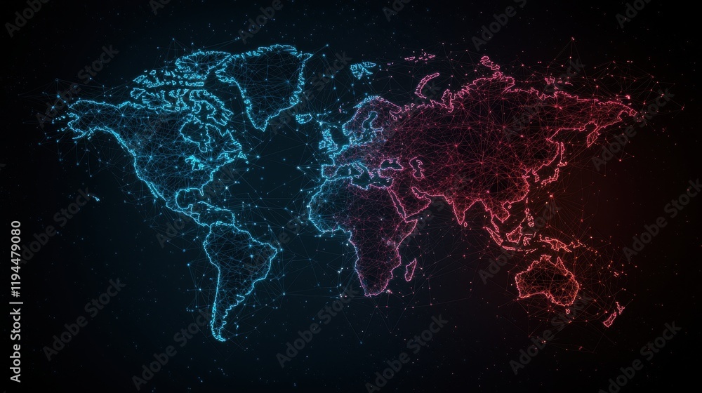 Poster world map overlaid with a web of bright, colorful lines representing global data flow and internet c