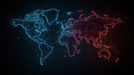 World map overlaid with a web of bright, colorful lines representing global data flow and internet connectivity, highlighting major hubs and data centers.