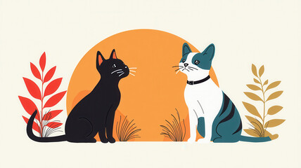 Cute black and white cats sitting with plants and sun in background, World spay day concept