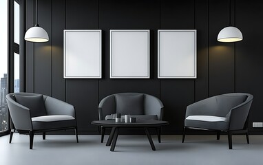 Modern dark lounge, city view, three blank frames, waiting area