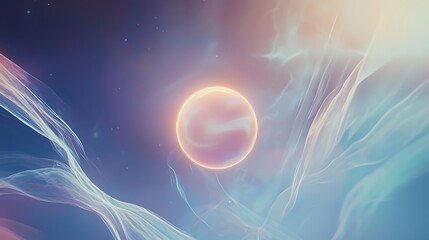 A glowing orb is floating in the sky above a blue background