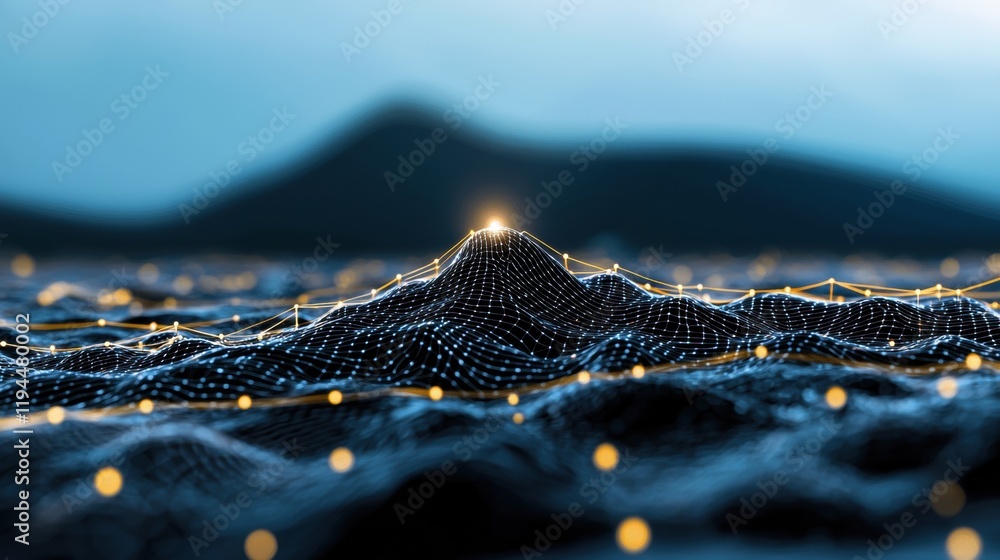 Poster abstract background with bright, glowing lines and dots converging towards a central point, represen