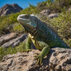 Fototapeta premium A sun-soaked lizard basks on a warm stone, its shimmering scales catching the light. A lizard basking on a rock.