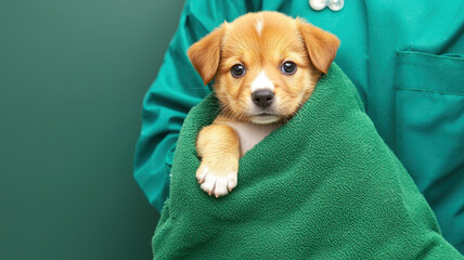 Caring veterinarian wrapping puppy in green blanket with love, World spay day concept