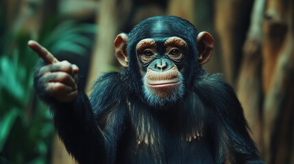 Young Chimpanzee Points Finger Curious Gaze Jungle Background