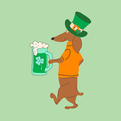 Set of dachshund dogs wearing costumes for St. Patrick's day. A cartoon dog wearing an orange shirt and holding a beer mug