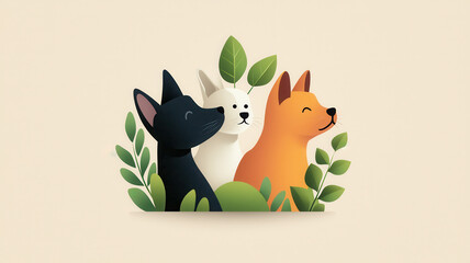 Whimsical pets featuring black cat, white cat, and orange dog among greenery, World spay day concept