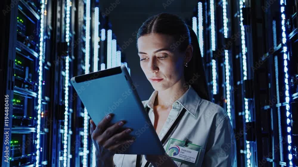 Poster technician monitoring system performance in a data center during nighttime operations