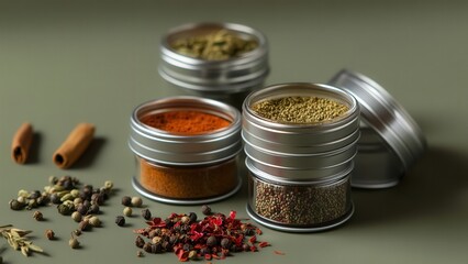Assorted spice jars with dried herbs and spices on a green surface