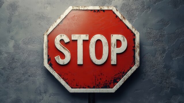 Rustic stop sign against textured wall background