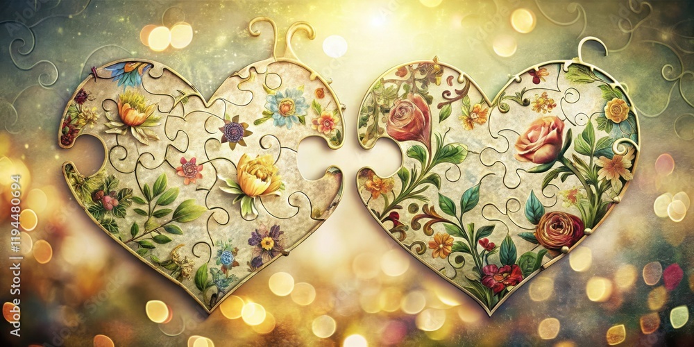 Poster two interlocking hearts adorned with intricate floral motifs and embellished with a golden sheen, se