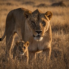Naklejka premium Lion. Lion in Botswana National Park reserve. lioness and cub.Lion Family in Savanna: Majestic Wildlife Moments.