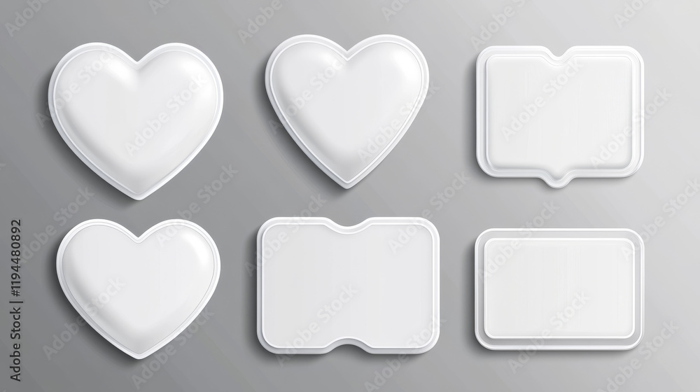 Poster peel off stickers, white paper patches mockup. blank labels of different shapes heart, square, oval 