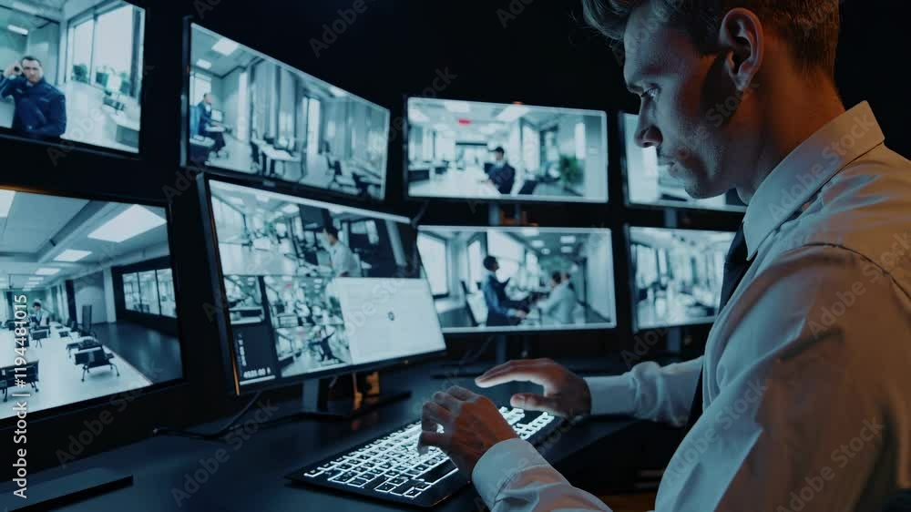 Aufkleber security analyst monitors multiple surveillance feeds in a high-tech control room