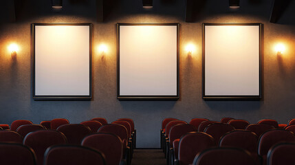 Blank movie posters illuminated by spotlights. Vector realistic mockup of white picture frames on gray tiled wall in cinema, theater or gallery. Empty advertising banners with black border and lamps