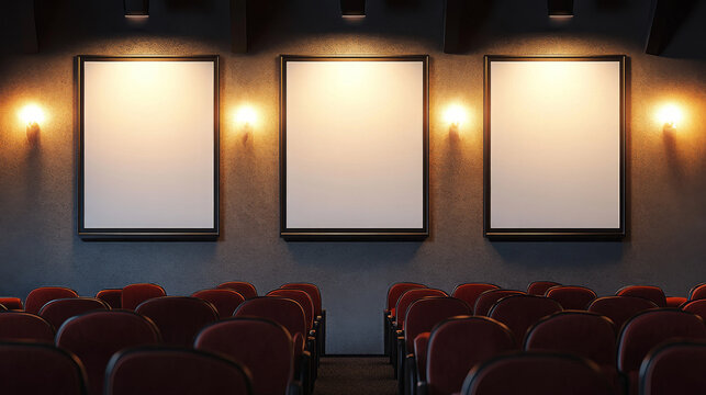 Blank movie posters illuminated by spotlights. Vector realistic mockup of white picture frames on gray tiled wall in cinema, theater or gallery. Empty advertising banners with black border and lamps
