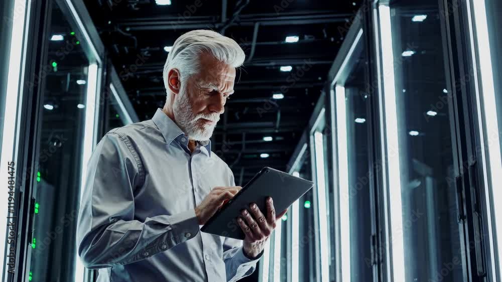 Poster senior technician conducts maintenance in a modern data center while using a tablet for monitoring