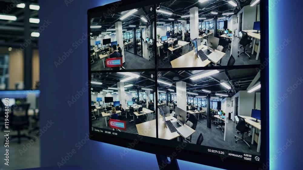 Poster monitoring an open office space with multiple workstations and employees engaged in various tasks