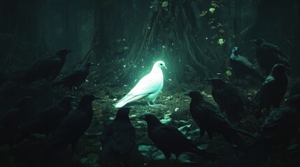 Fototapeta premium A glowing white dove in the middle of a dark forest, encircled by a menacing flock of black crows glaring at it, emphasizing its purity and uniqueness.