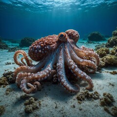 A wise old octopus sharing its knowledge and wisdom with a group of young octopuses, teaching them the importance of patience, perseverance, and adaptability.An octopus changing color to blend.