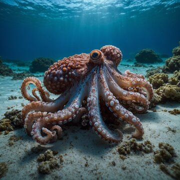 A wise old octopus sharing its knowledge and wisdom with a group of young octopuses, teaching them the importance of patience, perseverance, and adaptability.An octopus changing color to blend.