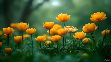 Obraz premium A lush vibrant field of brightly colored flowers sprawling across a scenic meadow under the soft warm sunlight of a spring day The blooming flora creates a captivating natural landscape